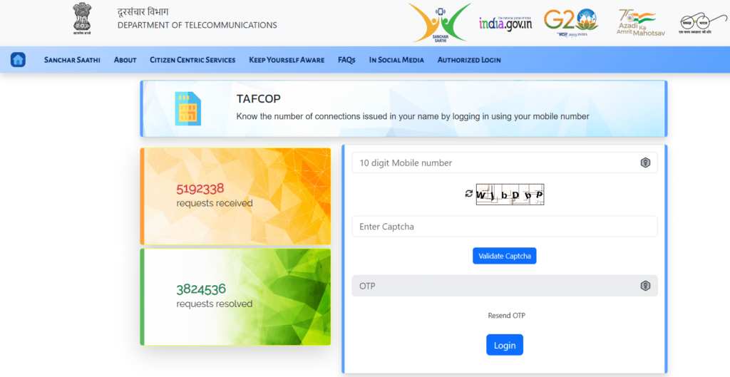 TAFCOP Consumer Portal at Tafcop.Sancharsaathi.Gov.In